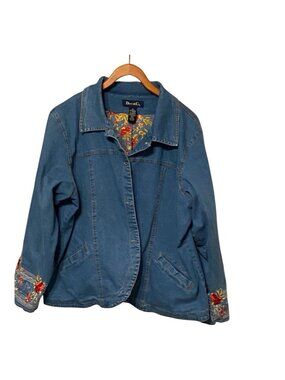 Denim & Co Women's 1X Blue Jean Jacket Floral Embroidered Stretch Denim